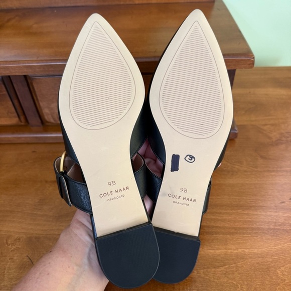NWOT Cole Haan Vandam gold Buckle flat mules black leather woman’s 9 shoes new - Picture 6 of 8